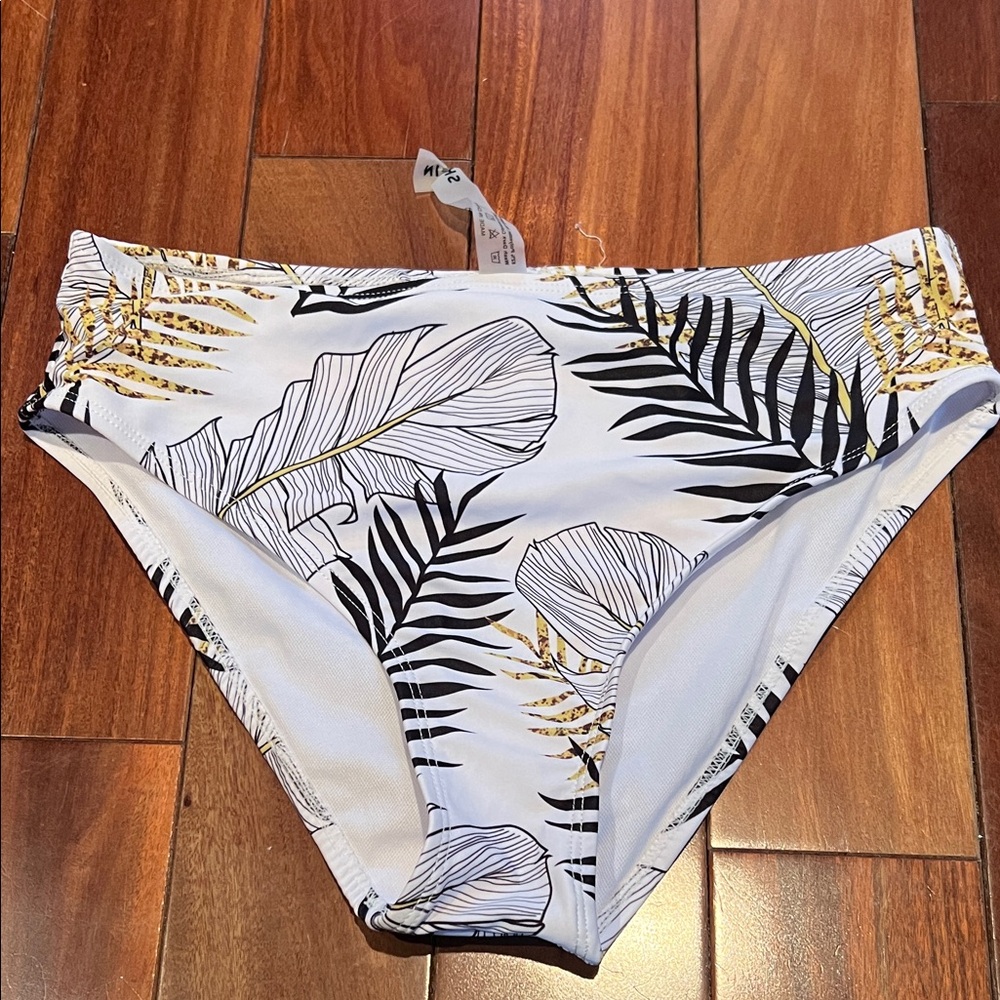 SHEIN White Bikini Bottoms with Black Leaf Print and Gold Accents